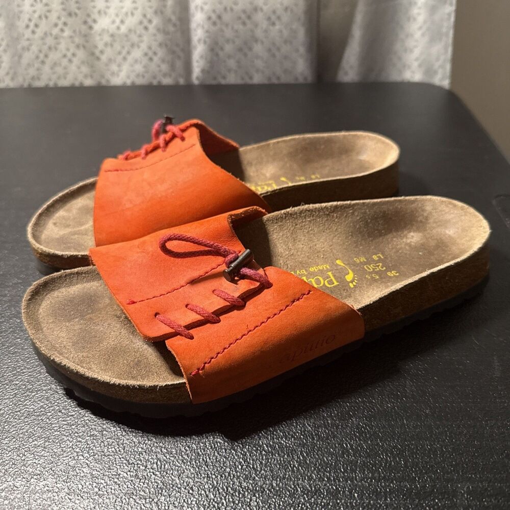 Papillio by Birkenstock Orange Leather Slides Sandals Womens EU 39 US 8 Boho